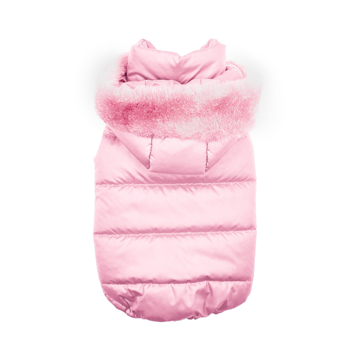 Piumino Abbraccio rosa trapuntato con cappuccio bordato in peluche rosa