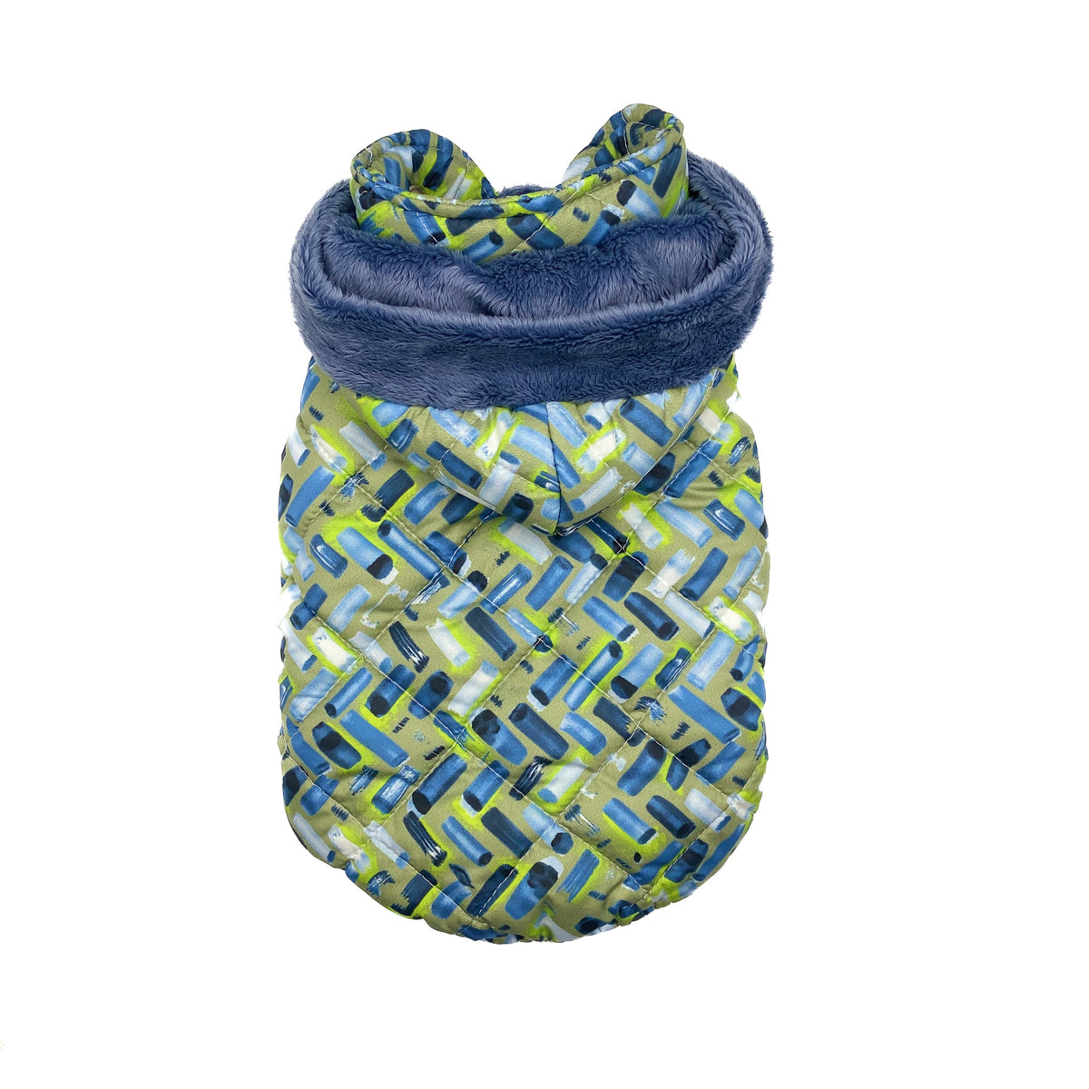 Piumino Albali con stampa multicolor astratta blu e verde e collo in pelliccetta avio