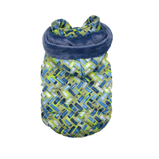 Piumino Albali con stampa multicolor astratta blu e verde e collo in pelliccetta avio