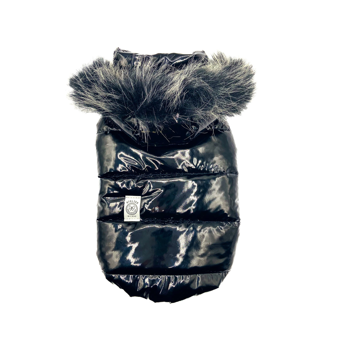 Piumino Plume in vinile nero lucido con cappuccio e bordo in peluche lungo sfumato