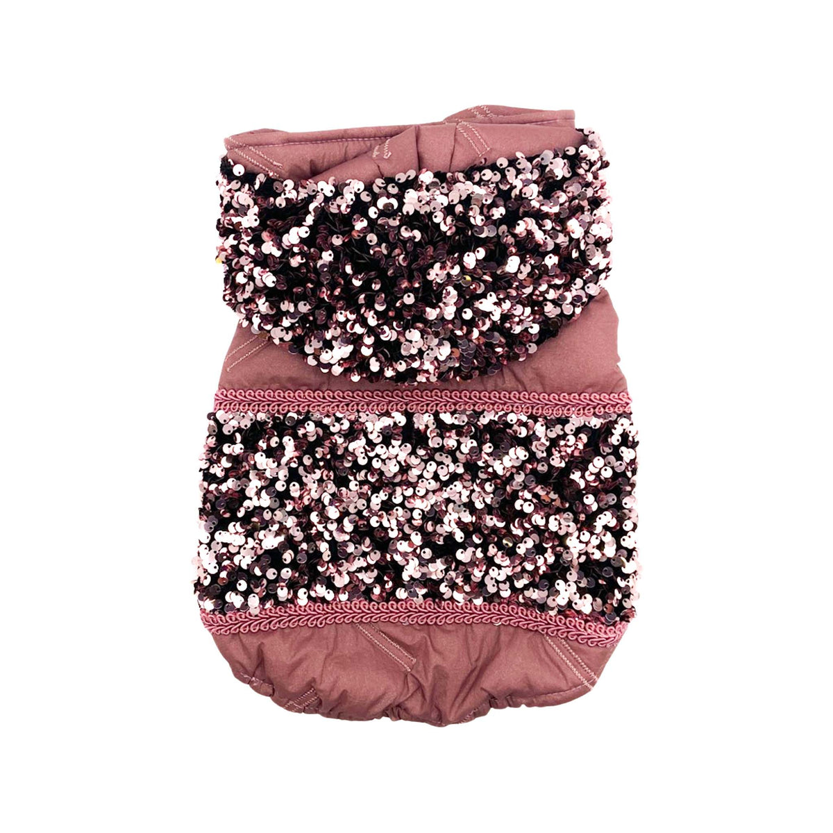 Piumino Sestante malva rosato con cappuccio e banda centrale in paillettes rosa