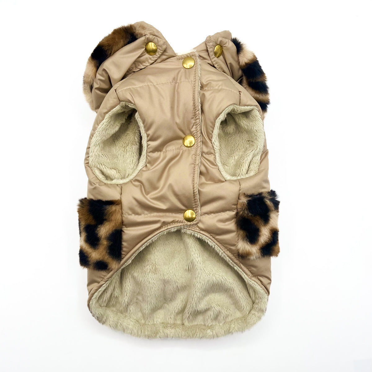 Piumino Wild aperto sul davanti con bottoni a pressione dorati e interno in peluche beige