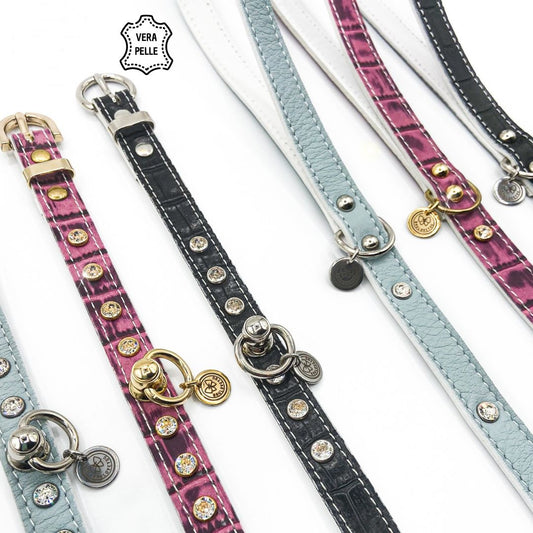 Set Luxury Venus: collari e guinzagli in vera pelle stampa cocco con cristalli