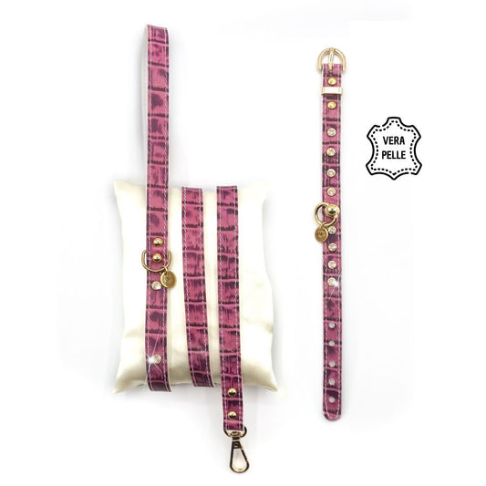 Set Luxury Venus fuxia stampa cocco, guinzaglio e collare in vera pelle
